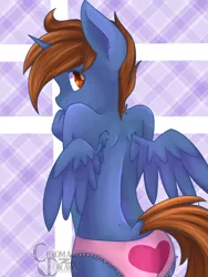 Size: 1024x1365 | Tagged: adorasexy, alicorn, alicorn oc, anthro, artist:chromadraws, clothes, crossdressing, cute, derpibooru import, femboy, frilly underwear, heart, heart print underwear, looking back, male, oc, oc:headlong flight, panties, pink underwear, sexy, shy, solo, solo male, suggestive, underwear, unofficial characters only