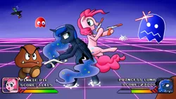 Size: 1920x1080 | Tagged: safe, artist:victoreach, derpibooru import, pinkie pie, princess luna, duck, gamer luna, arcade, controller, crossover, duck hunt, goomba, pac-man, super mario bros., video game, wallpaper, zapper