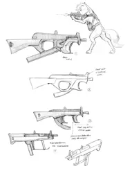 Size: 950x1246 | Tagged: artist:baron engel, derpibooru import, grayscale, gun, monochrome, oc, pencil drawing, roan rpg, safe, solo, traditional art, unofficial characters only, weapon