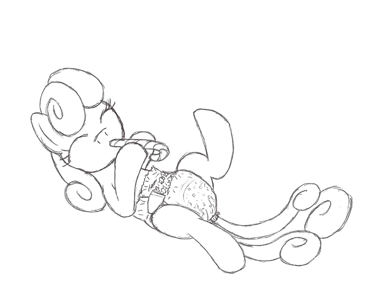 Size: 1000x800 | Tagged: adult foal, artist:datspaniard, bon bon, candy, candy cane, derpibooru import, diaper, diaper fetish, food, monochrome, questionable, solo, sweetie drops