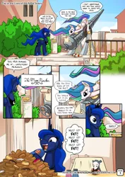 Size: 955x1351 | Tagged: safe, artist:mysticalpha, derpibooru import, princess celestia, princess luna, tiberius, alicorn, pony, comic:day in the lives of the royal sisters, cannon, comic, crown, dialogue, donut, female, food, horseshoes, jewelry, mare, peytral, regalia, speech bubble, this will end in weight gain, to the moon, trollestia