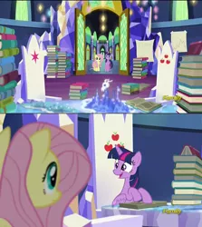 Size: 1280x1436 | Tagged: safe, derpibooru import, screencap, fluttershy, twilight sparkle, twilight sparkle (alicorn), alicorn, pegasus, pony, the hooffields and mccolts, book, discovery family logo, duo, female, friendship throne, map room, mare, sitting, twilight's castle