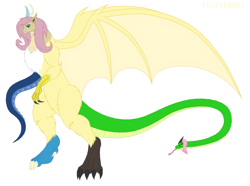 Size: 2748x2046 | Tagged: safe, artist:pyrus-leonidas, derpibooru import, fluttershy, bat pony, chimera, draconequus, kaiju, pony, snake, chimerafied, draconequified, female, flutterbat, flutterequus, forked tongue, kaijufied, simple background, snake for a tail, solo, species swap, tail, tentacles, transparent background