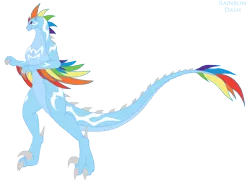 Size: 3245x2403 | Tagged: artist:pyrus-leonidas, derpibooru import, dromaeosaur, female, kaiju, kaijufied, rainbow dash, rainbow feathers, safe, simple background, solo, species swap, transparent background