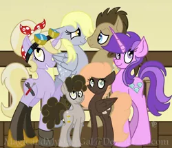 Size: 1000x860 | Tagged: safe, artist:magicandmysterygal, derpibooru import, amethyst star, derpy hooves, dinky hooves, doctor whooves, time turner, oc, oc:cinnamon vortex, oc:temporal bubble, pony, alternate hairstyle, bandana, clothes, doctorderpy, family, goggles, male, offspring, parent:derpy hooves, parent:doctor whooves, parents:doctorderpy, shipping, shoes, stallion, stockings, straight