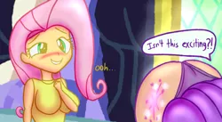 Size: 2879x1580 | Tagged: artist:butlova, ass, blushing, breasts, busty fluttershy, clothes, cutie mark, derpibooru import, dialogue, female, fluttershy, human, humanized, lesbian, panties, panty shot, purple underwear, redraw, scene interpretation, shipping, skirt, skirt flip, suggestive, the hooffields and mccolts, twilight sparkle, twishy, underwear, upskirt