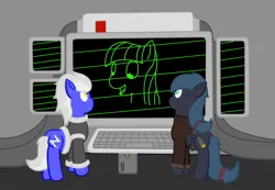 Size: 1280x887 | Tagged: safe, artist:minty candy, derpibooru import, oc, oc:night strike, oc:static charge, unofficial characters only, earth pony, pegasus, pony, fallout equestria, fallout equestria: empty quiver, artificial intelligence, clothes, computer, science, story, terminal