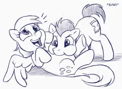 Size: 4000x2916 | Tagged: safe, artist:chaoskomori, derpibooru import, derpy hooves, doctor whooves, time turner, pony, belly, cute, derpabetes, doctorderpy, male, monochrome, puffy cheeks, raspberry, shipping, stallion, straight, tickling, tummy buzz, tummylingus