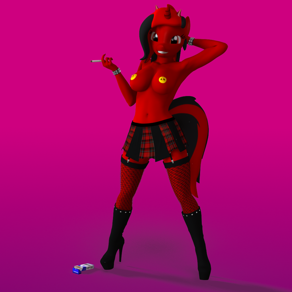 Size: 1000x1000 | Tagged: 3d, anthro, armpits, artist:forsaken, belly button, blender, breasts, cigarette, clothes, derpibooru import, female, fishnets, garter belt, high heel boots, looking at you, nipple piercing, nipples, oc, oc:forsaken, piercing, plaid, plantigrade anthro, pubic hair, questionable, smoking, solo, solo female, topless, unofficial characters only, wristband