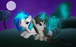 Size: 800x500 | Tagged: safe, artist:marylinnblack, derpibooru import, octavia melody, vinyl scratch, alicorn, pony, artificial wings, augmented, blushing, cute, female, lesbian, love, magic, magic wings, moon, night, romantic, scratchtavia, shipping, tree, wings