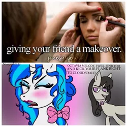 Size: 960x960 | Tagged: safe, artist:marylinnblack, derpibooru import, octavia melody, vinyl scratch, human, alternate hairstyle, blushing, bow, bowtie, eyes closed, eyeshadow, female, hair bow, irl, irl human, justgirlythings, lesbian, lipstick, makeover, makeup, photo, scratchtavia, shipping