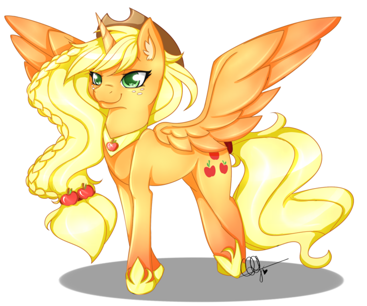 Size: 1000x834 | Tagged: safe, artist:pillonchou, derpibooru import, applejack, alicorn, pony, alicorn princess, alicornified, alternate hairstyle, applecorn, cowboy hat, element of honesty, freckles, hat, large wings, ponytail, princess shoes, race swap, signature, simple background, solo, stetson, transparent background