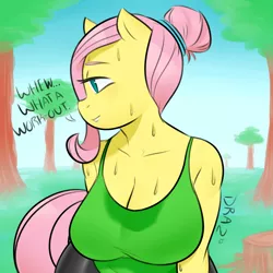 Size: 2000x2000 | Tagged: anthro, artist:drazelle, breasts, busty fluttershy, derpibooru import, female, fluttershy, solo, suggestive, sweat, sweat stain, workout, workout outfit