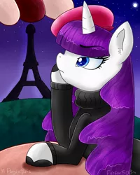 Size: 1024x1280 | Tagged: artist:mlp-firefox5013, beatnik rarity, beret, clothes, derpibooru import, eiffel tower, france, french, french rarity, hat, paris, rarity, safe, signature, solo