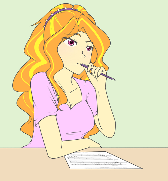 Size: 1280x1374 | Tagged: safe, artist:jonfawkes, derpibooru import, adagio dazzle, human, equestria girls, adoragio, alternate hairstyle, cleavage, commission, cute, eye clipping through hair, eyebrows visible through hair, female, humanized, music, paper, pen, solo, straight hair, thinking, writing