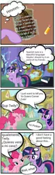 Size: 402x1280 | Tagged: suggestive, artist:applejackfkingsucks, derpibooru import, pinkie pie, spike, twilight sparkle, twilight sparkle (alicorn), alicorn, pony, book, comic, dialogue, female, lesbian, mare, pencil, seductive, shipping, spanglish, spanish, speech bubble, twinkie