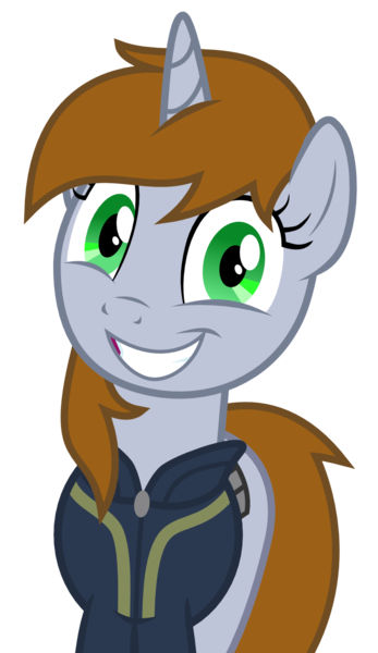 Size: 750x1295 | Tagged: safe, artist:brisineo, derpibooru import, oc, oc:littlepip, unofficial characters only, pony, unicorn, fallout equestria, fanfic, the hooffields and mccolts, clothes, crazy face, faic, fanfic art, female, grin, looking at you, mare, simple background, smiling, solo, stare, transparent background, vault suit, vector