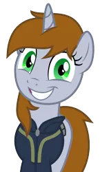 Size: 750x1295 | Tagged: safe, artist:brisineo, derpibooru import, oc, oc:littlepip, unofficial characters only, pony, unicorn, fallout equestria, fanfic, the hooffields and mccolts, clothes, crazy face, faic, fanfic art, female, grin, looking at you, mare, simple background, smiling, solo, stare, transparent background, vault suit, vector