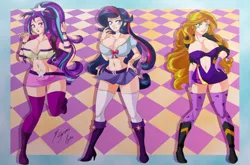 Size: 3015x1988 | Tagged: suggestive, artist:shinta-girl, derpibooru import, adagio dazzle, aria blaze, rarity, sonata dusk, sunset shimmer, twilight sparkle, equestria girls, abs, abstract background, belly button, belt, bimbo, bimbo sparkle, boots, breasts, busty adagio dazzle, busty aria blaze, busty rarity, busty sonata dusk, busty sunset shimmer, busty twilight sparkle, cleavage, clothes, commission, female, females only, fusion, high heel boots, jacket, microskirt, midriff, miniskirt, ponytail, short shirt, signature, skirt, tube top, zettai ryouiki
