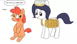Size: 582x334 | Tagged: artist:shutterflye, blushing, derpibooru import, dialogue, donut, flockmod, food, oc, oc:hattsy, oc:wafflecakes, safe, sitting, sprinkles, unofficial characters only, waffle