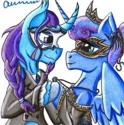 Size: 892x895 | Tagged: safe, artist:the1king, derpibooru import, masquerade, princess luna, oc, oc:azure night, azuna, canon x oc, mask, necklace, shipping