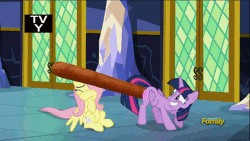Size: 1280x720 | Tagged: suggestive, derpibooru import, edit, screencap, fluttershy, twilight sparkle, twilight sparkle (alicorn), alicorn, pony, the hooffields and mccolts, abuse, animated, baton, corn, corndog, cowering, discovery family logo, eyes closed, female, flutterbuse, food, glowing cutie mark, grin, looking back, mare, not salmon, sausage, sitting, smiling, wat, why