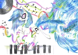 Size: 827x588 | Tagged: artist:mlploverdash, derpibooru import, music notes, piano, safe, solo, streamers, vinyl scratch