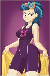 Size: 1048x1600 | Tagged: safe, artist:rapps, derpibooru import, indigo zap, equestria girls, friendship games, breasts, busty indigo zap, clothes, crystal prep academy, crystal prep shadowbolts, earring, explicit source, female, goggles, looking at you, one-piece swimsuit, piercing, shadowbolts swimsuit, solo, swimsuit, towel, wet