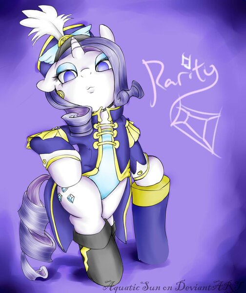 Size: 900x1072 | Tagged: suggestive, artist:aquaticsun, derpibooru import, rarity, pony, unicorn, testing testing 1-2-3, ancient wonderbolts uniform, bipedal, boots, clothes, female, hat, leotard, mare, purple background, sgt. rarity, shako, shoes, simple background, solo, uniform