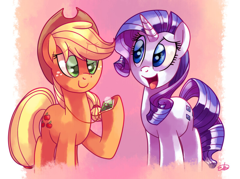 Size: 2000x1495 | Tagged: safe, artist:lightof-dawn, derpibooru import, applejack, rarity, cowboy hat, female, freckles, hat, lesbian, looking at each other, necklace, open mouth, pendant, rarijack, shipping, signature, stetson, style emulation, whitediamonds-ish