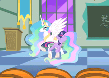 Size: 350x252 | Tagged: safe, derpibooru import, screencap, princess celestia, twilight sparkle, alicorn, pony, unicorn, the cutie mark chronicles, adorkable, animated, cute, dork, excited, eyes closed, female, filly, filly twilight sparkle, hoof shoes, jewelry, loop, mare, open mouth, peytral, pronking, regalia, smiling, spread wings, twiabetes, unicorn twilight, yes yes yes