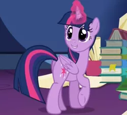 Size: 499x450 | Tagged: safe, derpibooru import, screencap, twilight sparkle, twilight sparkle (alicorn), alicorn, pony, the hooffields and mccolts, book, cute, female, looking back, mare, plot, raised hoof, solo, twiabetes, underhoof