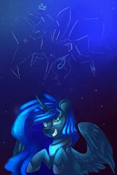 Size: 1599x2393 | Tagged: safe, artist:snowsky-s, derpibooru import, princess luna, alicorn, pony, constellation, female, grin, image, looking at you, mare, png, solo, spread wings, stars