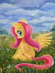 Size: 550x734 | Tagged: artist:maytee, butterfly, derpibooru import, flower, fluttershy, looking at you, looking back, meadow, safe, sitting, smiling, solo, traditional art