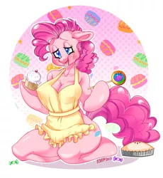 Size: 4094x4450 | Tagged: suggestive, artist:bjorn-bi, derpibooru import, pinkie pie, anthro, unguligrade anthro, absurd resolution, apron, arm hooves, breasts, busty pinkie pie, candy, clothes, cupcake, drool, female, food, kneeling, lollipop, naked apron, pie, solo, tongue out