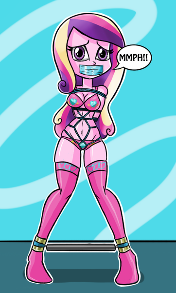 Size: 552x915 | Tagged: questionable, artist:gaggeddude32, derpibooru import, princess cadance, equestria girls, belly button, bondage, bra, breast bondage, breasts, clothes, crotch rope, cutie mark underwear, dean cadance, duct tape, female, gag, lingerie, muffled moaning, panties, pink underwear, rope, shackles, shibari, socks, solo, solo female, speech bubble, spreader bar, stockings, subdance, tape gag, thigh highs, tied up, underwear