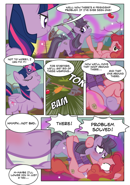 Size: 800x1131 | Tagged: suggestive, artist:radiantrealm, derpibooru import, buzzsaw mccolt, tree h. hooffield, twilight sparkle, twilight sparkle (alicorn), alicorn, pony, the hooffields and mccolts, blushing, comic, descriptive noise, dialogue, eyes closed, female, forced shipping, freeze spell, frown, glare, grin, hooffield x mccolt, hug, kissing, lesbian, lip bite, magic, magic abuse, make love not war, mare, mccolt family, now kiss, on back, shipper on deck, shipping, shovel, show accurate, show accurate porn, slasher smile, smiling, smirk, telekinesis, treesaw, wide eyes