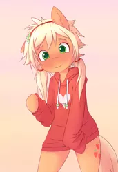 Size: 1200x1750 | Tagged: safe, artist:apony, derpibooru import, applejack, pony, semi-anthro, alternate hairstyle, bipedal, blushing, clothes, cute, gradient background, hairband, hoodie, jackabetes, pigtails, solo, twintails