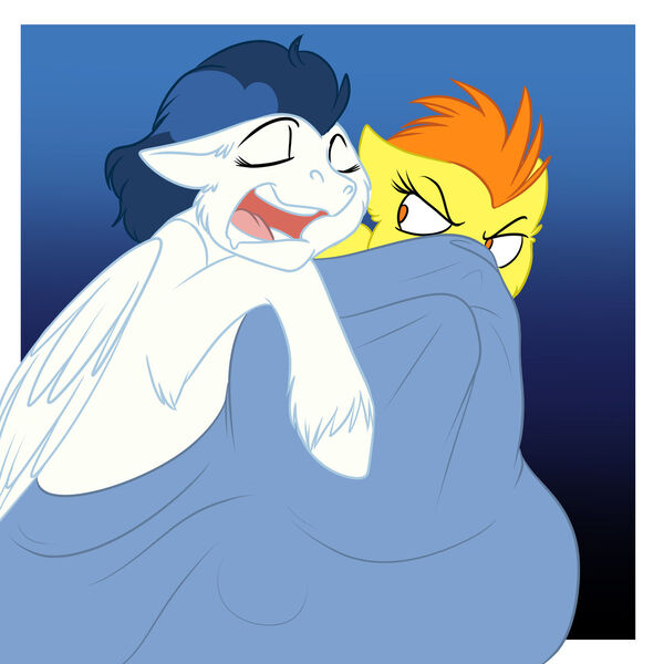 Size: 1280x1280 | Tagged: safe, artist:foxenawolf, derpibooru import, blaze, high winds, pegasus, pony, fanfic:piercing the heavens, blanket, commission, fanfic art, non-consensual cuddling, unshorn fetlocks, wonderbolts