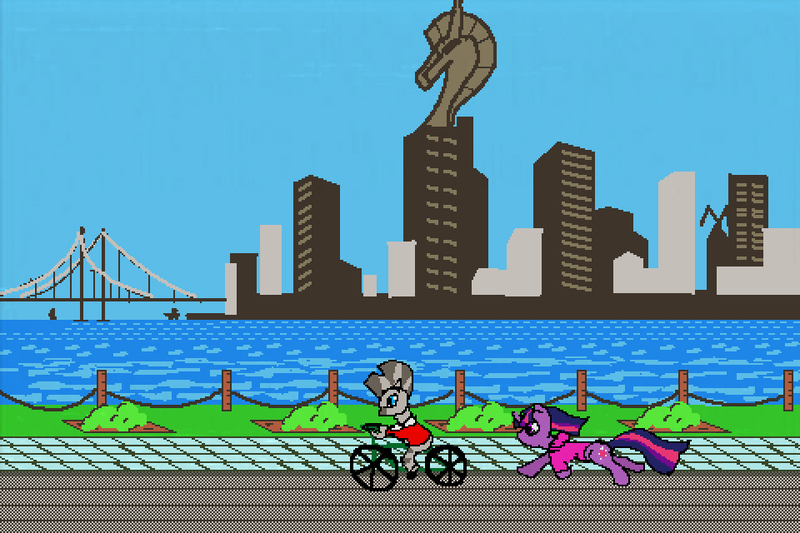 Size: 960x640 | Tagged: artist:vest, bicycle, derpibooru import, doc louis, little mac (punch out), my little art challenge, nigga stole my bike, parody, pixel art, ponified meme, punch out, safe, twilight sparkle, ytmnd, zebra, zecora