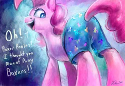 Size: 1200x830 | Tagged: 30 minute art challenge, airbrush, artist:tsitra360, boxers, clothes, derpibooru import, looking back, my little art challenge, open mouth, pinkie pie, safe, signature, solo, talking, text, underwear