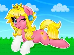 Size: 1797x1341 | Tagged: safe, artist:partylikeanartist, derpibooru import, ponified, earth pony, pony, clothes, crossover, crown, earring, food, gloves, peach, piercing, princess peach, solo, super mario bros., super princess peach, tiara