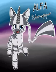Size: 778x1006 | Tagged: artist:gradoge, classical unicorn, derpibooru import, leonine tail, looking at you, monicorn, oc, oc:alfa stropper, safe, solo, unofficial characters only, zebra, zebracorn, zebra hybrid, zebra oc