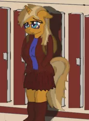 Size: 312x427 | Tagged: anthro, artist:s.twist, boots, clothes, derpibooru import, glasses, high school, oc, oc:plot twist, shy, skirt, suggestive, unofficial characters only