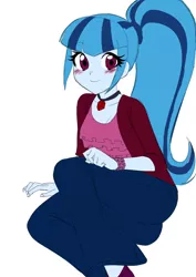 Size: 1074x1517 | Tagged: safe, artist:rileyav, derpibooru import, sonata dusk, equestria girls, blushing, clothes, jeans, looking at you, pants, sitting, solo