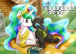 Size: 2120x1500 | Tagged: safe, artist:vavacung, derpibooru import, daring do, princess celestia, alicorn, changeling, pony, comic:changeling-scout, blanket, book, cute, cuteling, momlestia, prone, smiling, vavacung is trying to murder us