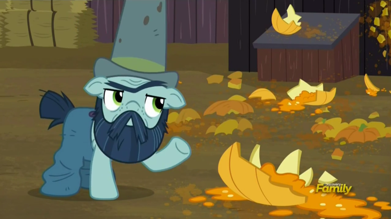 Size: 1904x1067 | Tagged: big daddy mccolt, derpibooru import, discovery family logo, food, hat, mccolt family, pumpkin, safe, screencap, ten gallon hat, the hooffields and mccolts