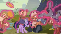 Size: 1904x1067 | Tagged: safe, derpibooru import, screencap, big daddy mccolt, burdock hooffield, buzzard hooffield, buzzsaw mccolt, hacksaw mccolt, hilly hooffield, leadnail mccolt, ma hooffield, sprig hooffield, twilight sparkle, twilight sparkle (alicorn), alicorn, earth pony, pony, the hooffields and mccolts, carrot, clothes, discovery family logo, eyes closed, female, fight, floppy ears, food, freeze spell, hooffield family, levitation, magic, magic aura, male, mare, mccolt family, pumpkin, stallion, telekinesis