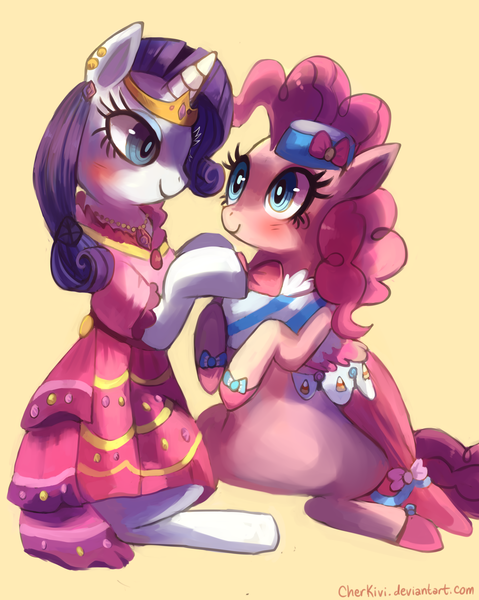 Size: 2500x3132 | Tagged: safe, artist:cherivinca, derpibooru import, pinkie pie, rarity, earth pony, pony, unicorn, blushing, clothes, dress, ear piercing, earring, female, gala dress, jewelry, mare, necklace, piercing, raripie, shipping, smiling