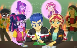 Size: 1350x840 | Tagged: safe, artist:uotapo, derpibooru import, flash sentry, microchips, sandalwood, sci-twi, sunset shimmer, twilight sparkle, equestria girls, friendship games, :p, angry, blueprint, blueprints, blushing, chalkboard, circuit board, clothes, colored pupils, cringing, cute, electronics, embarrassed, everybody hates flash sentry, female, internal screaming, jacket, jealous, male, nervous, pants, shimmerbetes, soldering, soldering iron, sunset helper, sweat, sweatdrop, tongue out, twiabetes